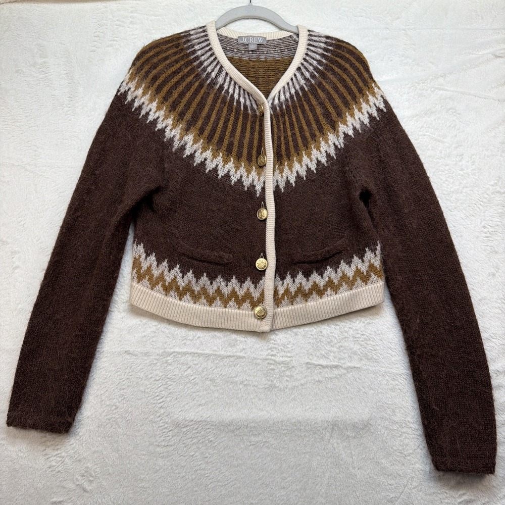J Crew Fair Isle Cardigan Alpaca Blend Nordic Ski Brown Womens Small